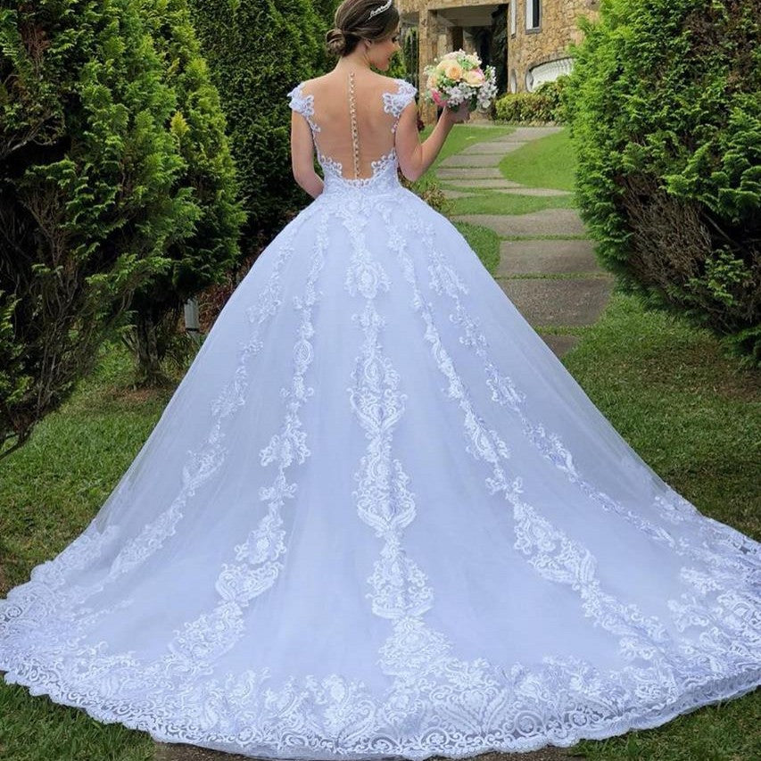 Wedding Dress Princess elegant ,white lace, round neck backless, sexy