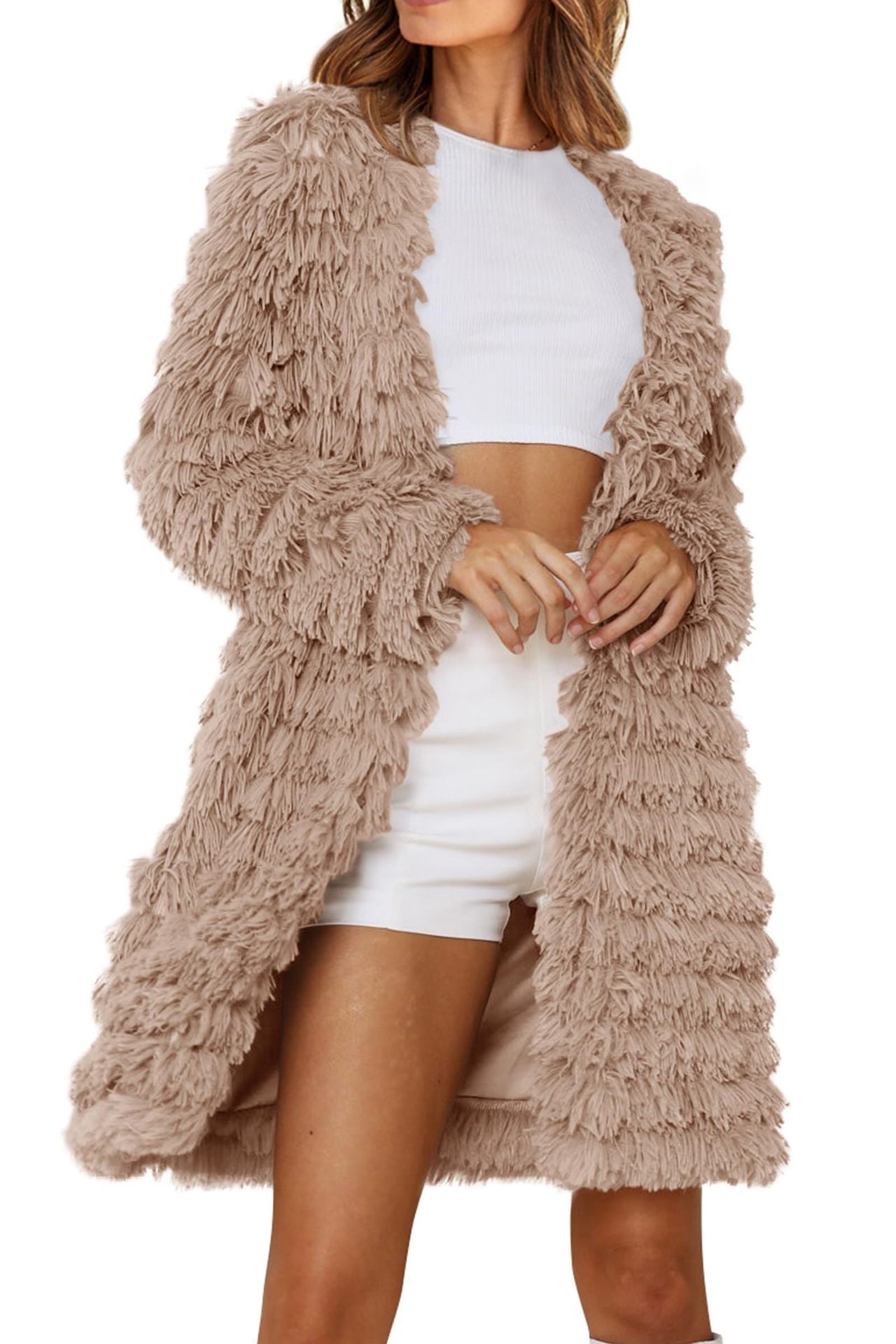 Women's jackets faux fur long sleeve Long cardigan open on the front