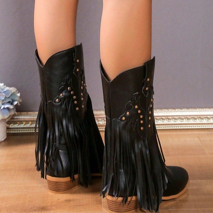 Women's  boots leather cowboy western denim tassel leisure specials