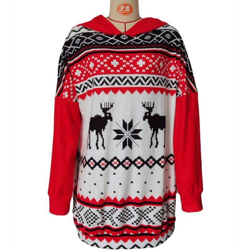 Women's sweater Christmas hooded long sleeve elk print