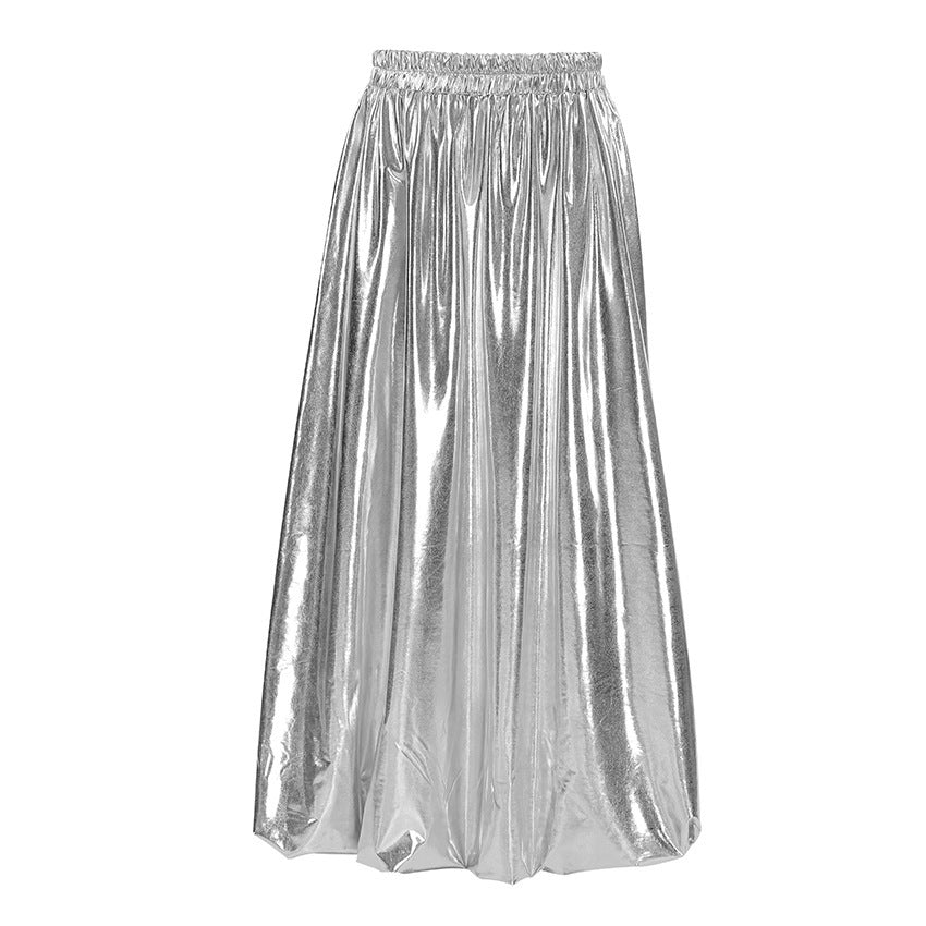 Women's long skirt pleated elastic metallic silver bubble balloon