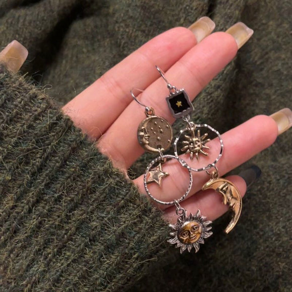 Women's earrings long elegant retro star five-pointed sun moon