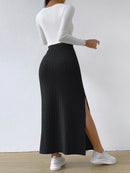 Women's spring long skirt, side slit, slim fit, knitted skirt, casual