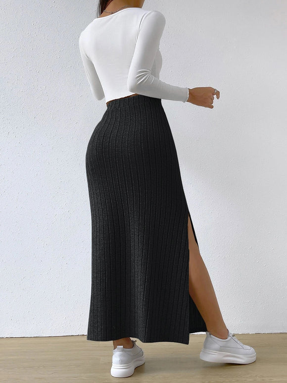 Women's spring long skirt, side slit, slim fit, knitted skirt, casual