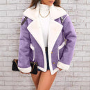 Women's jacket lapel plush lined suede in fleece elegant in faux fur