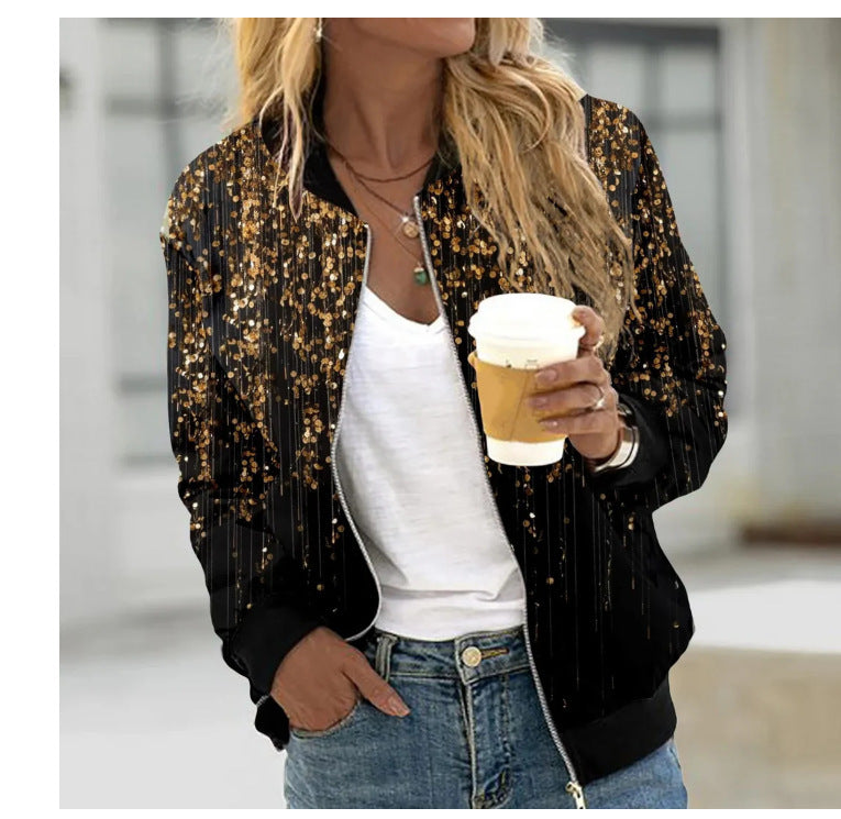 Women's jacket baseball elegant printed long sleeve zipper light