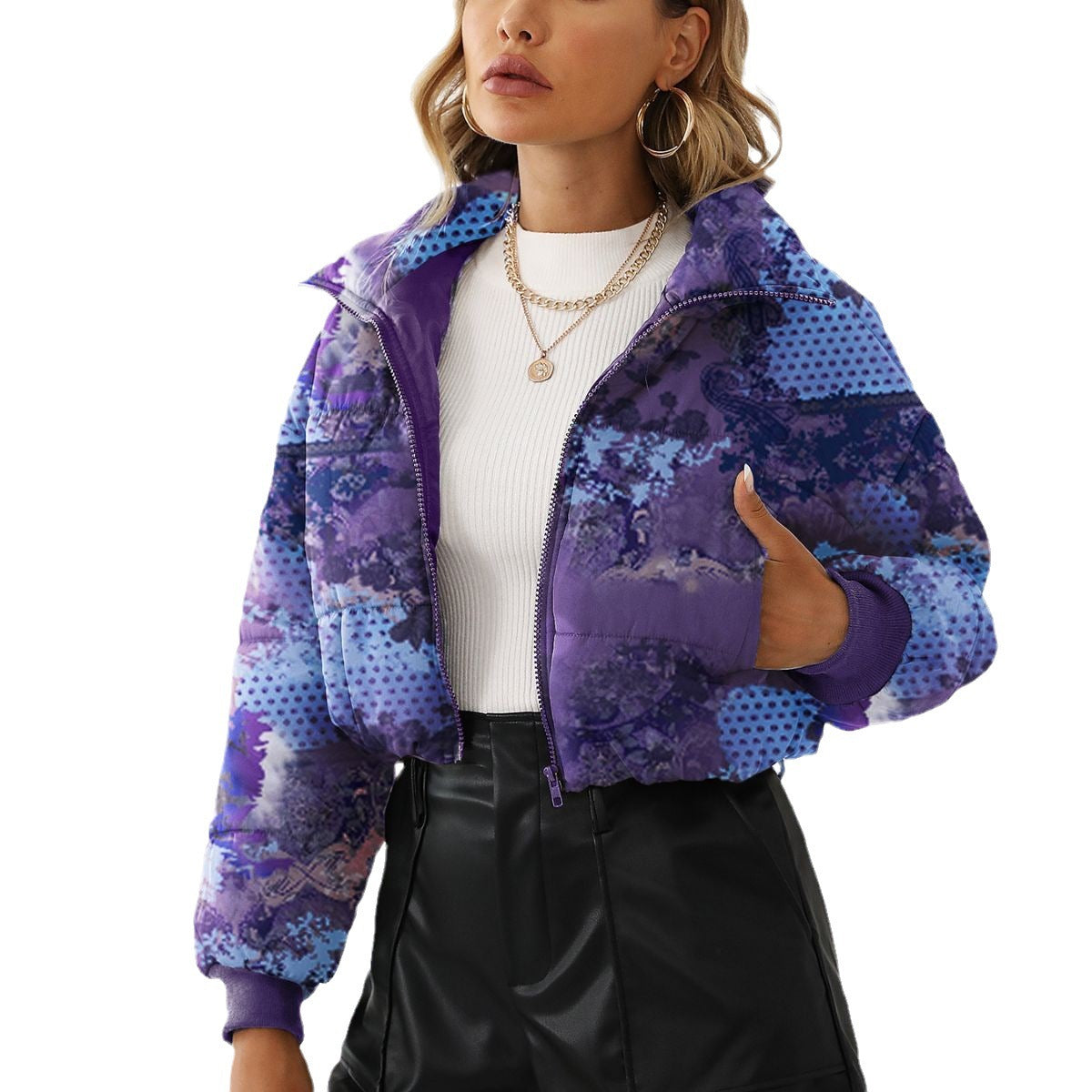 Women's jacket short puffy padded elegant high collar flower print