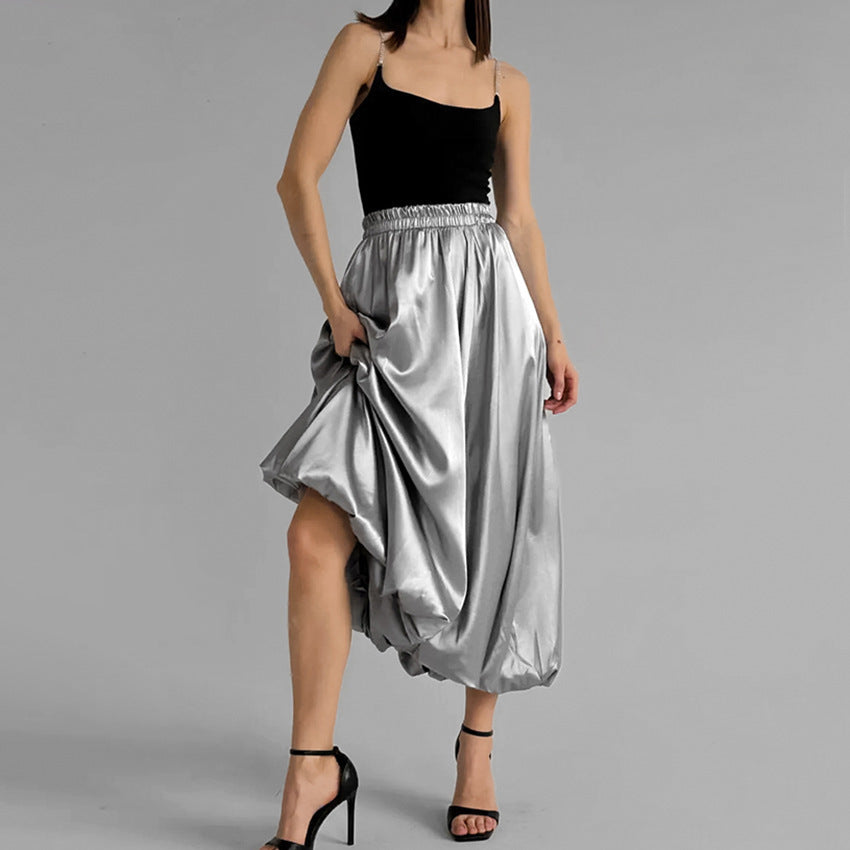 Women's long skirt pleated elastic metallic silver bubble balloon