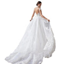 Women's Wedding Dress Detachable Train Round Neck Slim Lace Appliques