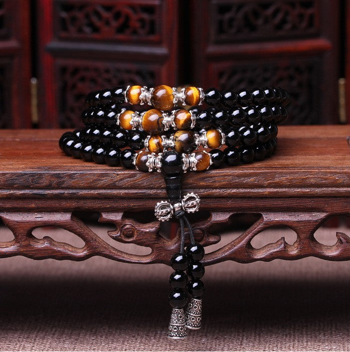 Acheter noir-avec-pierre-doree-tigree Bracelet Mala perles obsidienne prière 108 pour la guérison méditation