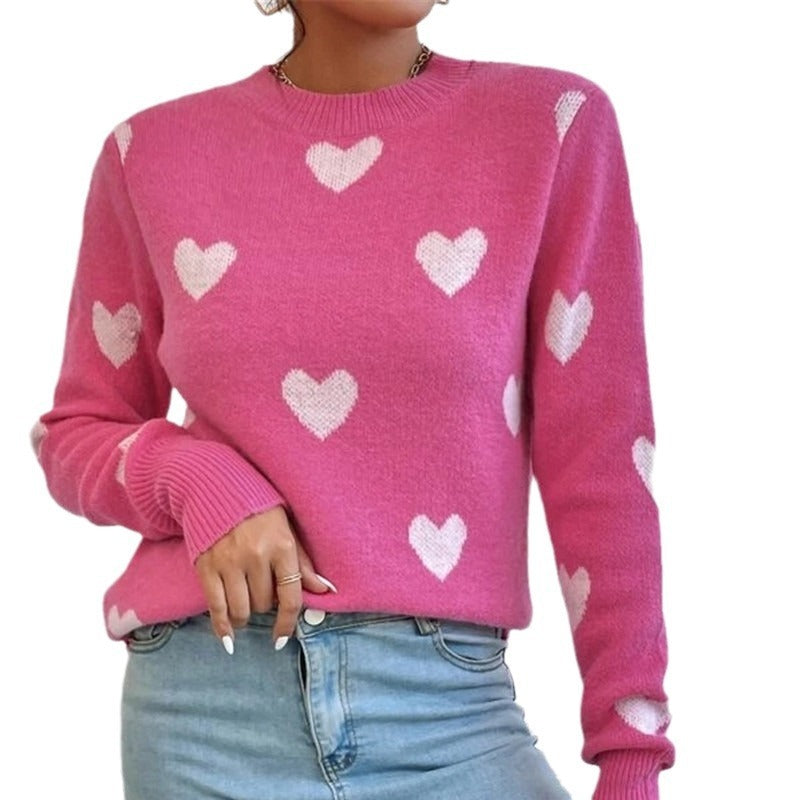 Women's Sweater knitted loose round neck elegant, heart pattern, soft