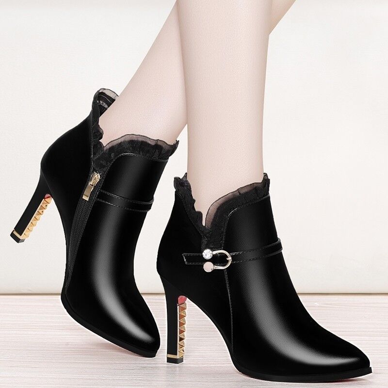 Women's Boots high heel leather with round toes elegant confortable