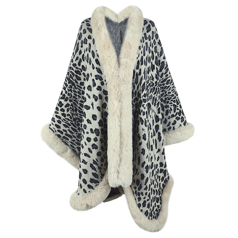 Women's Cape Cardigan with fur collar leopard print coats elegant thick warm