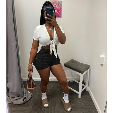 Women's shorts, high waist with pockets, solid color, street clothing