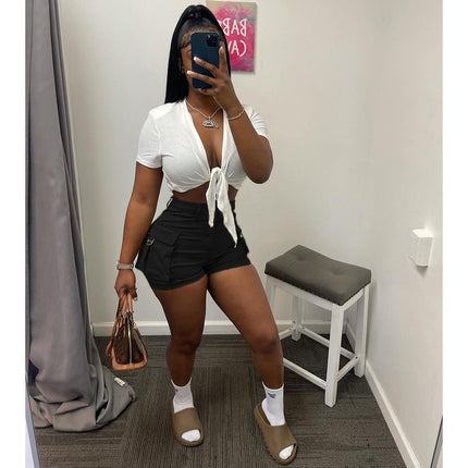 Women's shorts, high waist with pockets, solid color, street clothing