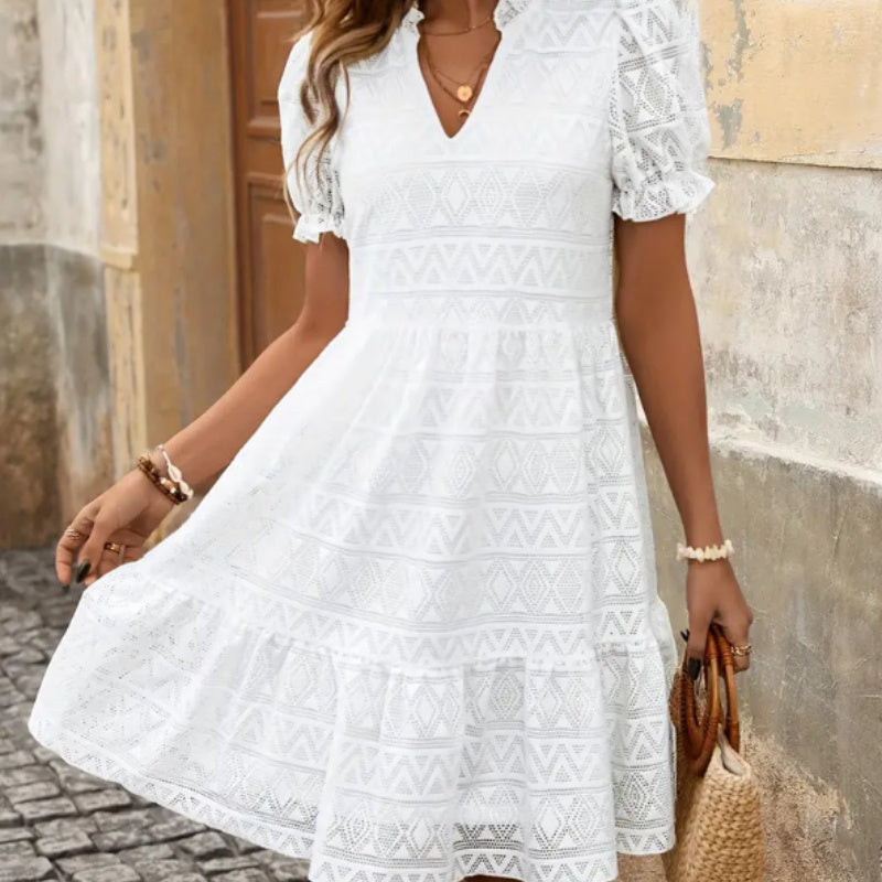 Women's dress openwork geometric pattern lantern sleeves elegant