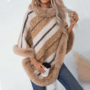 Women's Cape fur collar striped elegant, knitted shawl sweater, plush scarf