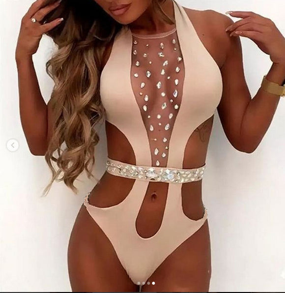 Women's swimsuit one-piece diamond see-through cutout