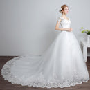 Wedding dress lace with big train, pearls applique, crystal sequins