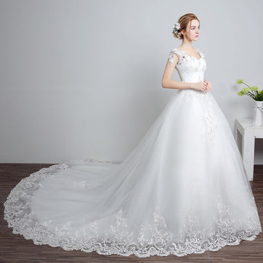 Wedding dress lace with big train, pearls applique, crystal sequins
