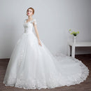 Wedding dress lace with big train, pearls applique, crystal sequins