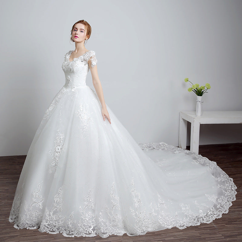 Wedding dress lace with big train, pearls applique, crystal sequins
