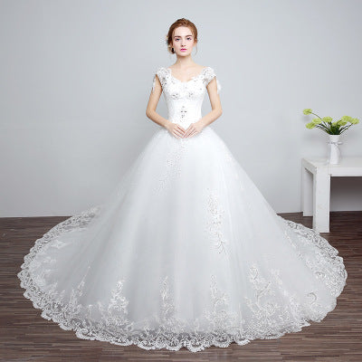 Wedding dress lace with big train, pearls applique, crystal sequins