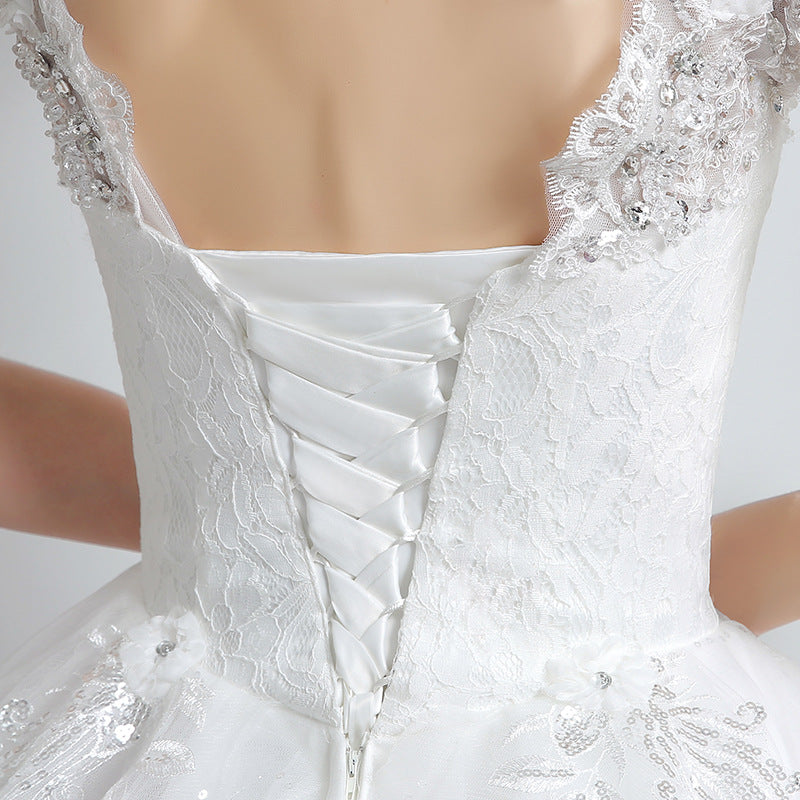 Wedding dress lace with big train, pearls applique, crystal sequins