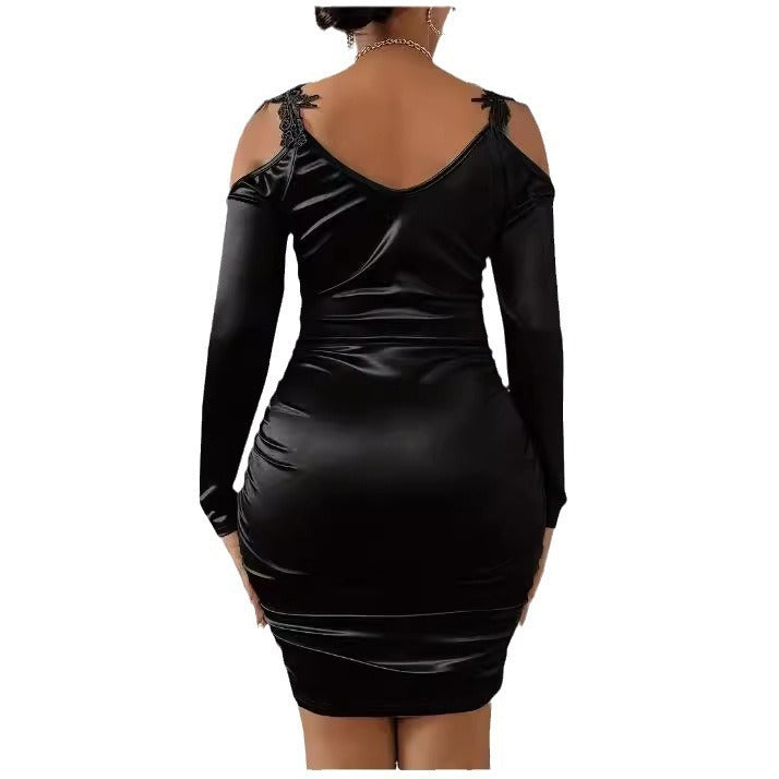 Women's dress fitted satin with contrast lace elegant backless