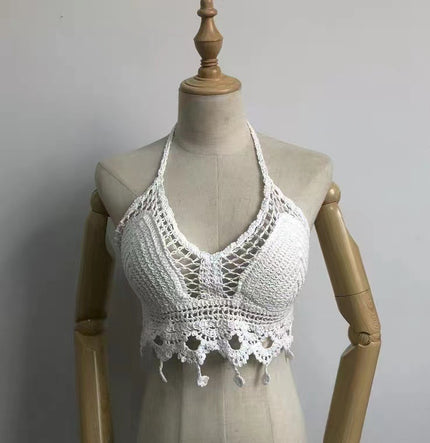 Women's Exposed Lace-up Halter Vest, Hollow Out Knitted Top, backless tie