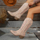 Women’s Boots Elegant Suede Embroidery Mid Heel Knight Cowboy Style Large Size-7