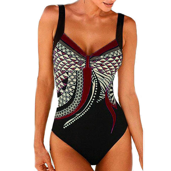 Women's swimsuit one-piece elegant strap retro printed