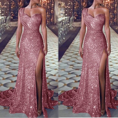 Dress Prom sparkling sequin, one shoulder, sexy high side slit Mermaid