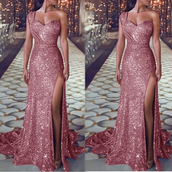 Dress Prom sparkling sequin, one shoulder, sexy high side slit Mermaid