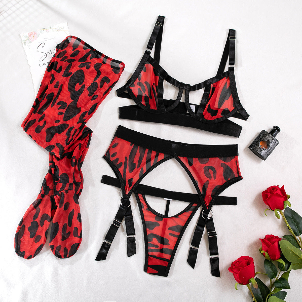 Women's lingerie set sexy hollow mesh wild leopard print