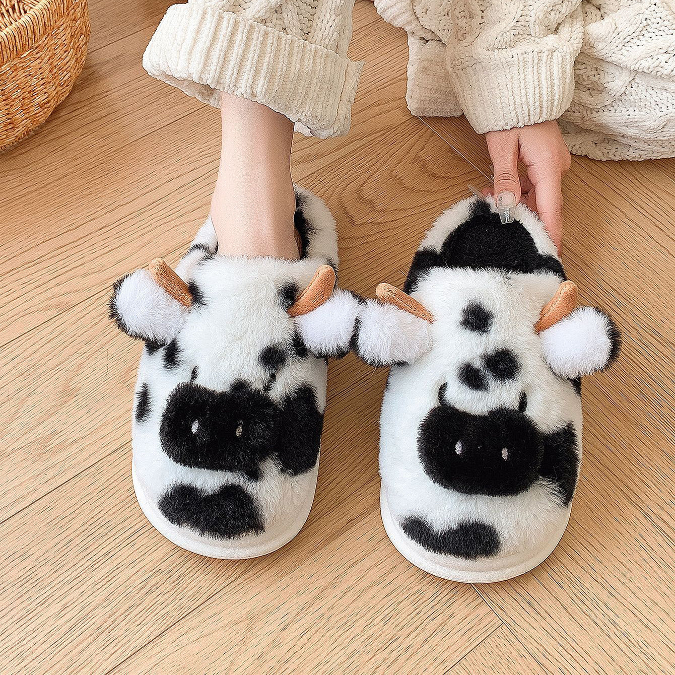 Women's slippers cow plush elegant warm non-slip