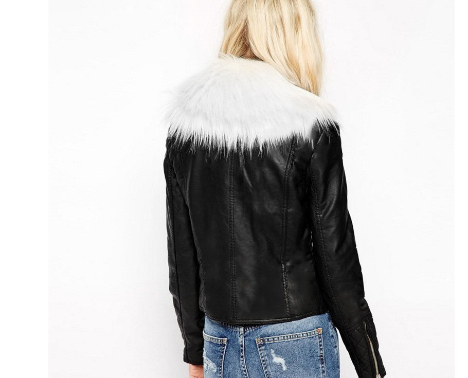 Women's short jacket faux leather fur collar elegant zipper fitted cut