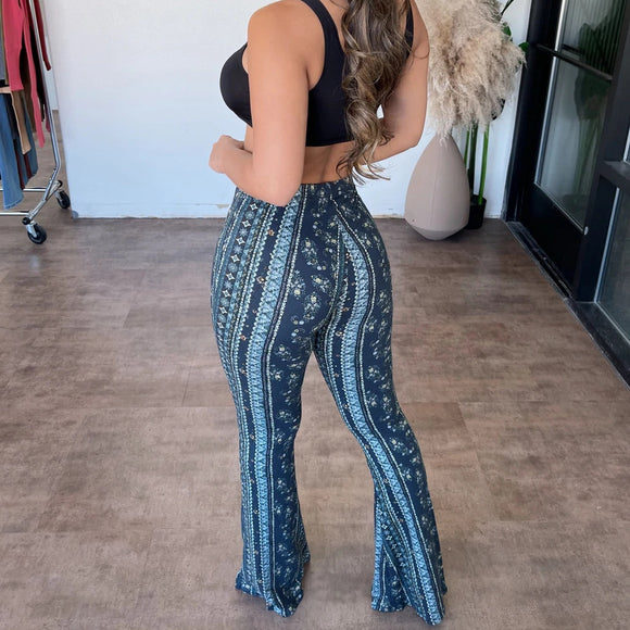 Women's High Elastic Flared Bodycon Pants Slim Sexy Printed Trousers