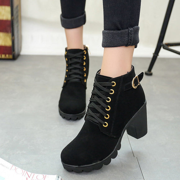 Women's ankle boots leather elegant lace-up square heels