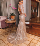 Gold Evening Dress Women Elegant Prom Party Gown, glamorous, Backless