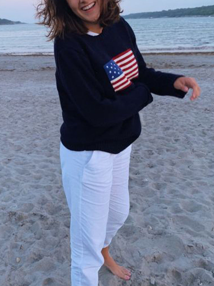 Women's sweater knitted, long sleeve round neck with American flag