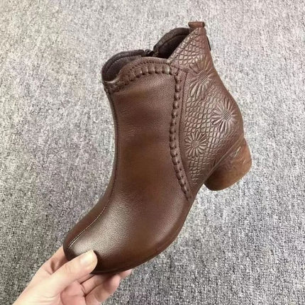 Buy brown-single-liner Women’s Ankle Boots Leather Elegant Soft-soled Chunky Heel Warm Fleece