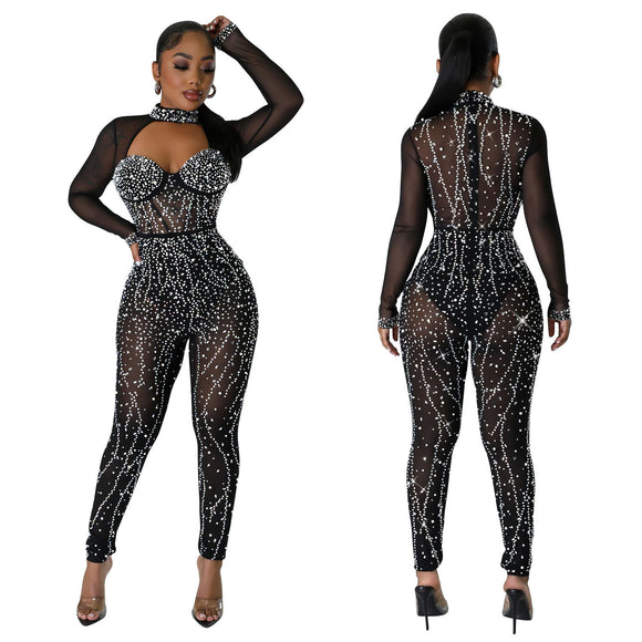Women's Jumpsuit Elegant Sparkly Rhinestone Mesh See Through Long Sleeve Romper