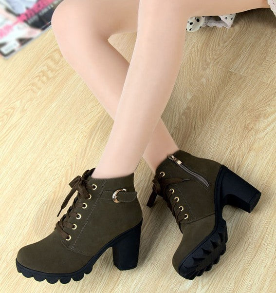 Women's ankle boots leather elegant lace-up square heels