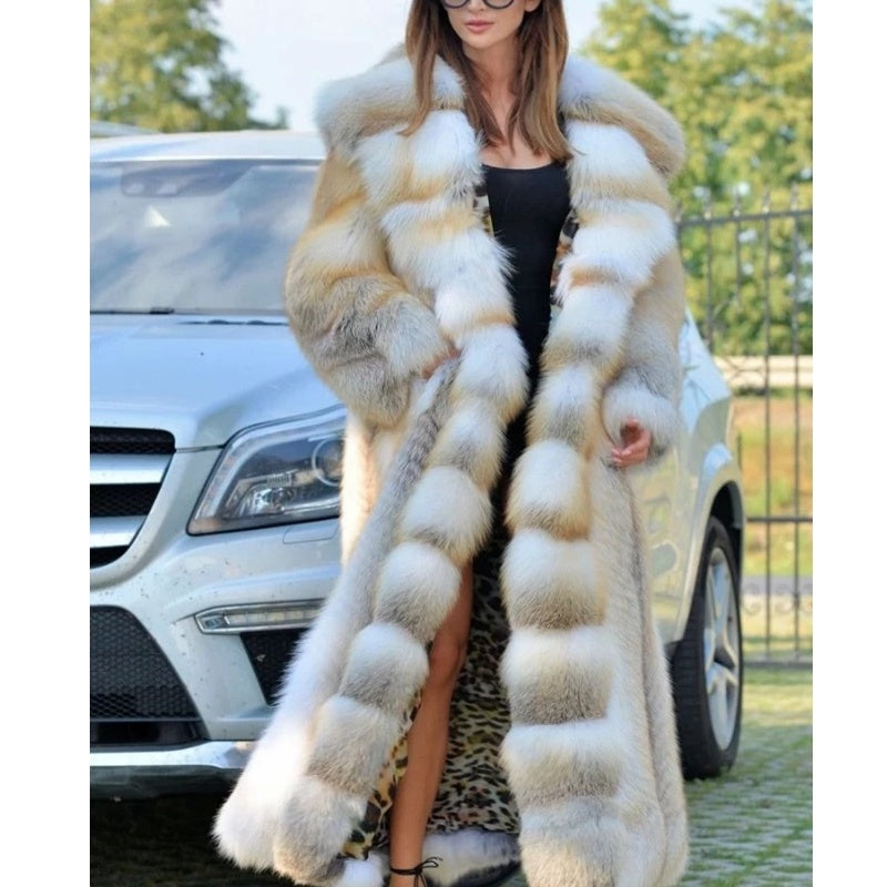 Women's coats in fox fur thick with hood warm elegant long sleeves