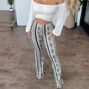 Women's High Elastic Flared Bodycon Pants Slim Sexy Printed Trousers
