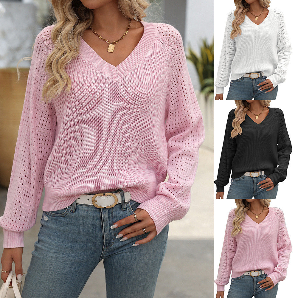 Women's sweater Knitted, long sleeves, elegant openwork V-neck