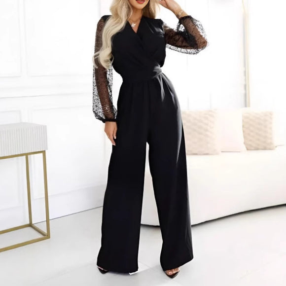 Women's Elegant Jumpsuit Sequined Top Wide Leg Pants Casual Suit