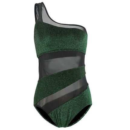 Women's swimwear one-piece elegant one-shoulder mesh