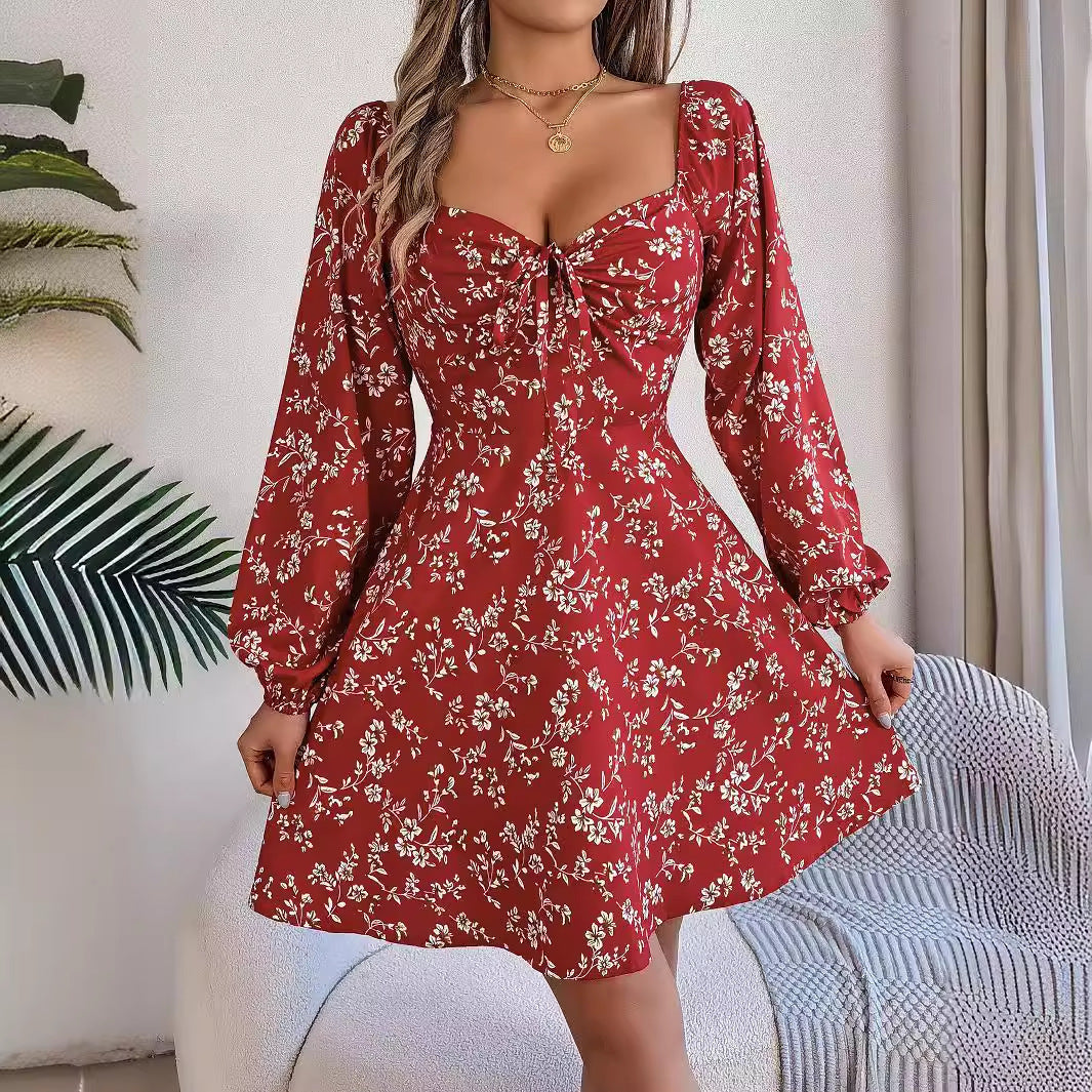 Women's Mini Dress A-Line floral print lantern sleeve sexy square collar